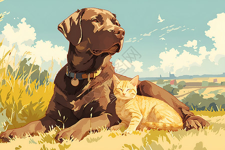 猫咪和狗狗草地中的猫咪和小狗插画