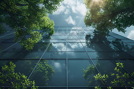 高硼硅玻璃商务高楼前的绿树插画