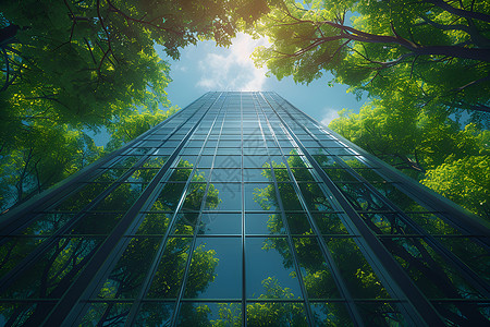 塔式大楼玻璃建筑物前的绿树插画