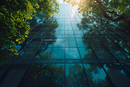 玻璃建筑物高楼前的绿树插画