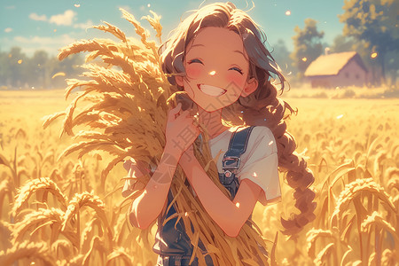 抱小麦抱着小麦的女孩插画