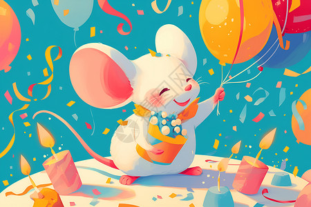 节日彩带装饰小鼠与缤纷气球和彩带插画