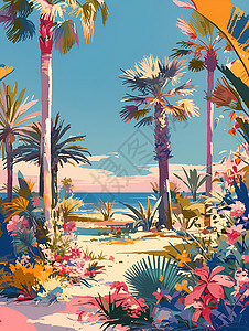 热带小岛热带风情棕榈树海滩插画