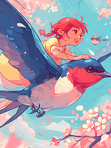 骑鸟小女孩骑在燕子背上翱翔插画