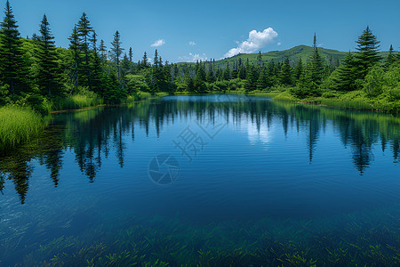 清澈绿荫环绕的湖泊背景