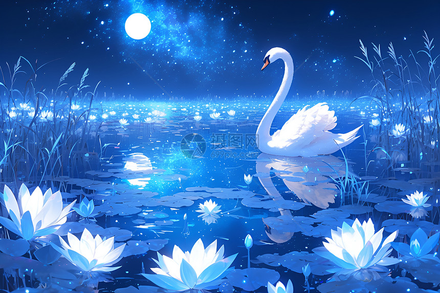 湖畔中的睡莲和天鹅图片