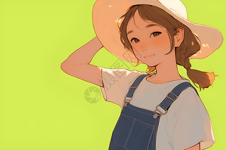 戴太阳帽的女孩少女戴着太阳帽与背带裤插画