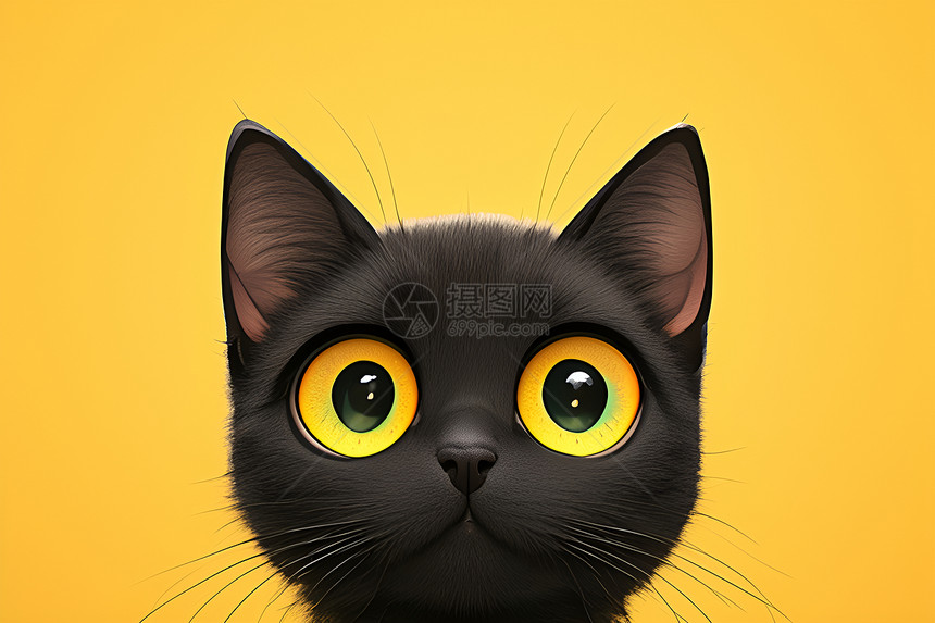黑色猫咪在醒目的黄色背景上图片