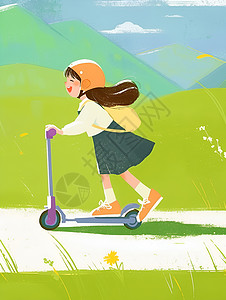 玩滑板车的女孩欢笑碧草滑行绿径插画