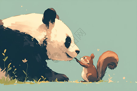 黑白格调可爱的熊猫与好奇的松鼠插画