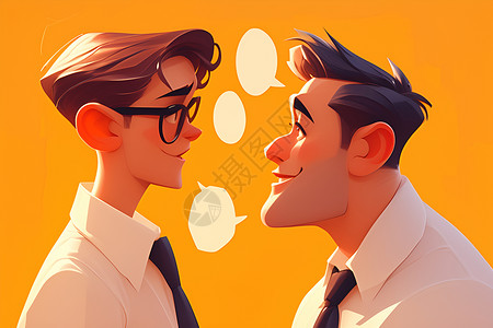 戴眼镜帅哥时髦褐色发型的男子和戴眼镜男子的对话插画