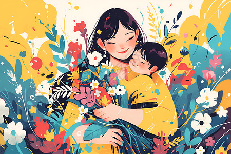 念亲母亲怀抱孩子亲手中还拿着一束鲜花插画