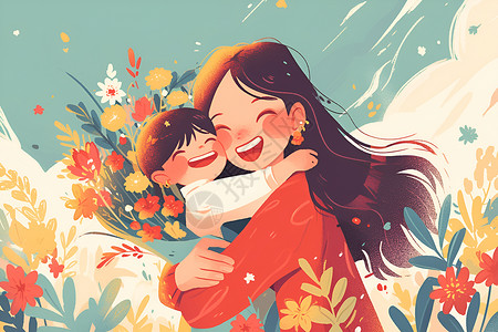 妈妈抱着小女孩母子快乐的抱在一起插画