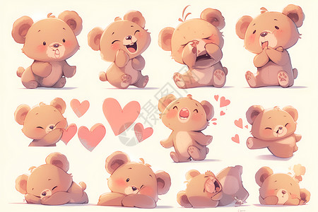 泰迪熊玩偶绒绒泰迪熊簇拥在一起插画