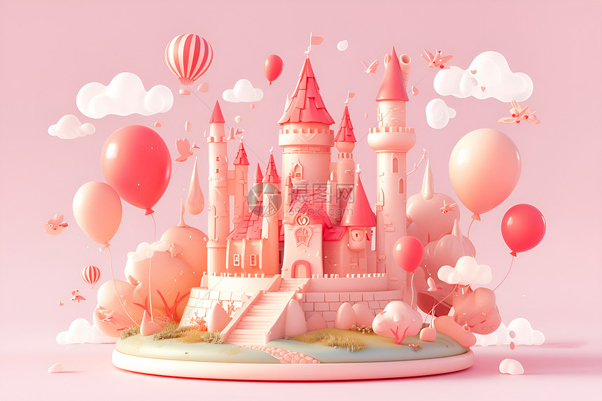 粉色泥土城堡和白云气球图片