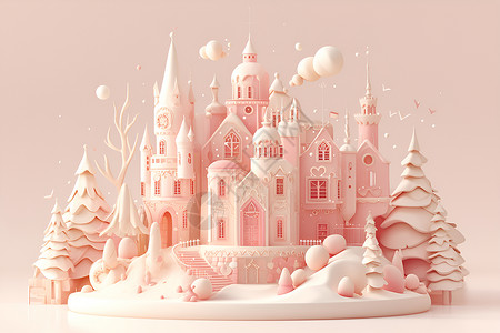 建筑造型粉色粘土城堡的立体造型插画