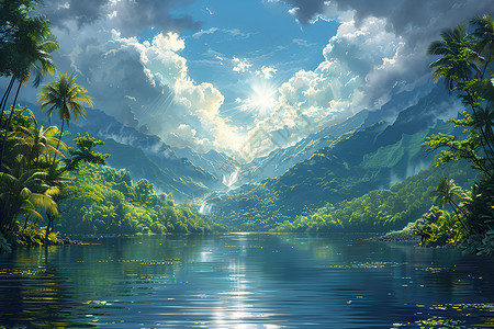 阳光穿过云朵洒在河水上高清图片