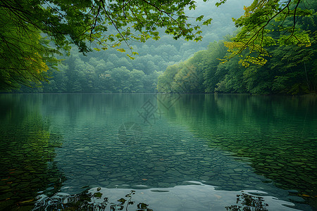 高山古冰川湖泊湖畔翠绿如画背景