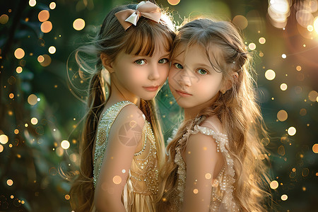 小女孩森林闪烁亮片中的两个小女孩背景