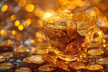 黄金虾球金币填满的玻璃杯背景