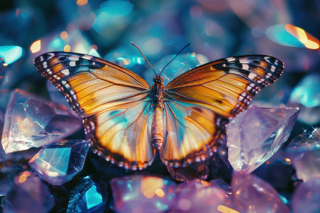 发光翅膀蝴蝶栖息在一堆水晶石上设计图片