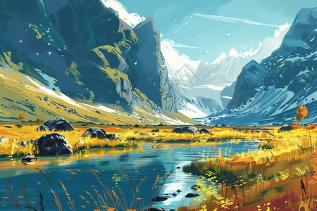 细腻那幻想世界的细腻山水河畔插画