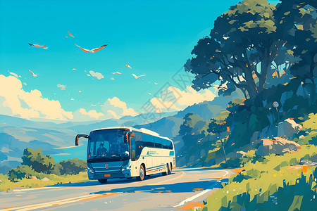 公交车人多道路上的巴士插画