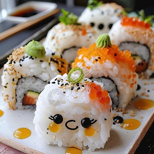 饭团君面前有一个带有笑脸的寿司背景