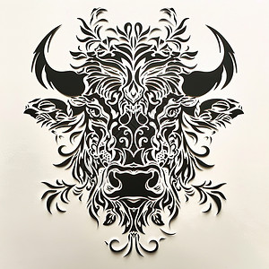 牛批字体贴纸黑白纸剪出的牛图案插画