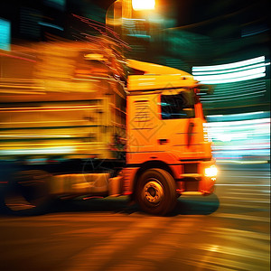 夜晚时分一辆黄色卡车在街道上行驶高清图片