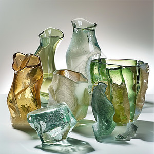 玻璃花瓶群体摆放在桌子上高清图片