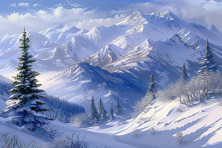 雪山飞瀑壮观的雪山风景插画