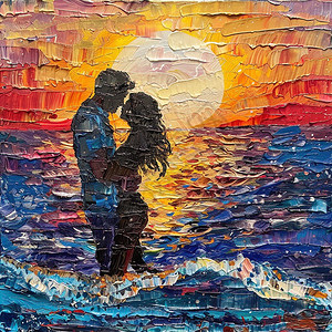 情人依偎背景海边夕阳下接吻的情侣插画