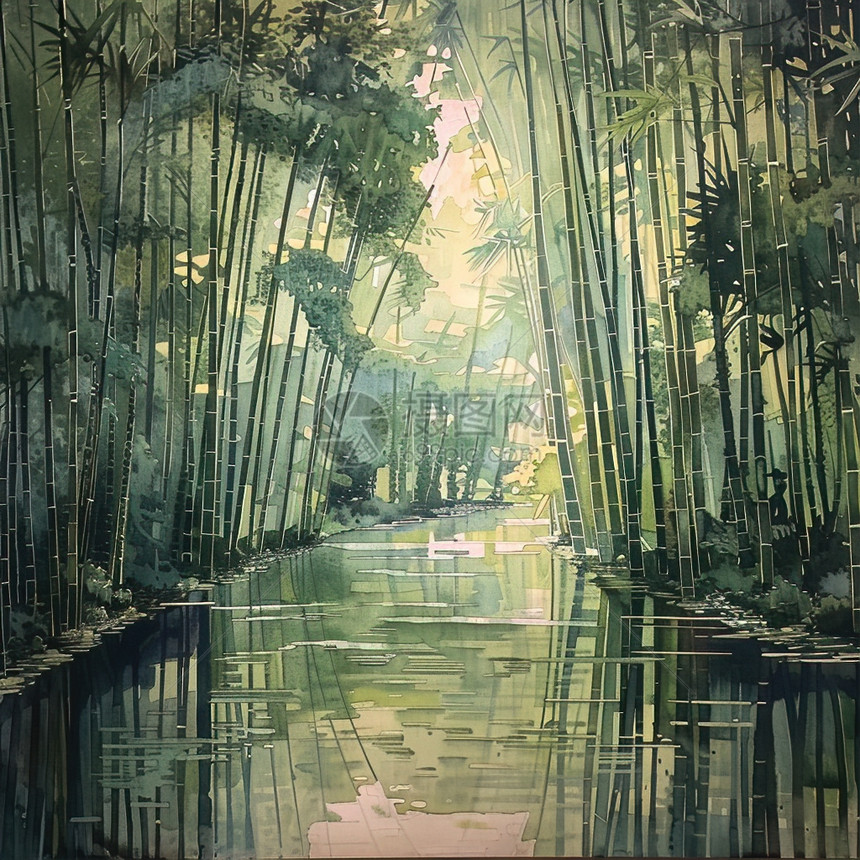 平静的竹林小溪图片