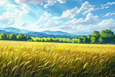 种小麦天朗气清的田野插画
