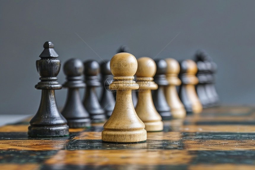 国际象棋盘上摆放着一套棋子图片