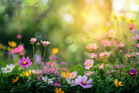 花园跑道花海中阳光透过树木背景