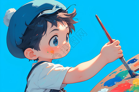 油画画笔素材小男孩手拿调色板和画笔插画