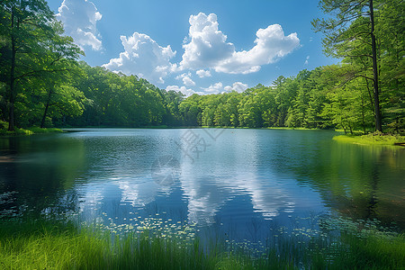 云朵大自然湖泊映照清晰青草树林背景