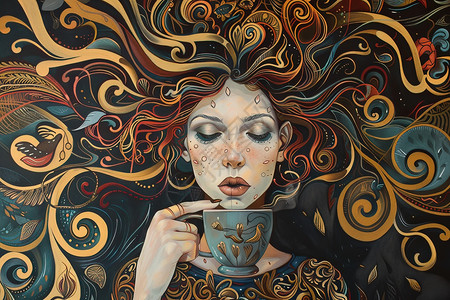 梦幻咖啡端着咖啡的女子插画