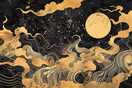 波浪背景梦幻奇观的月亮和祥云插画