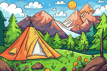 森林中的露营帐篷插画背景图片