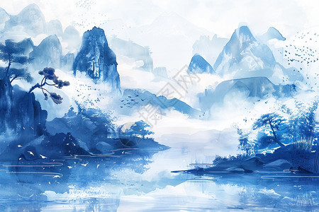 画作的山湖风景背景图片