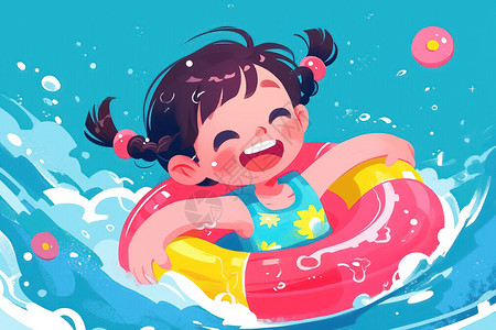 微笑开心水中的女孩和游泳圈插画