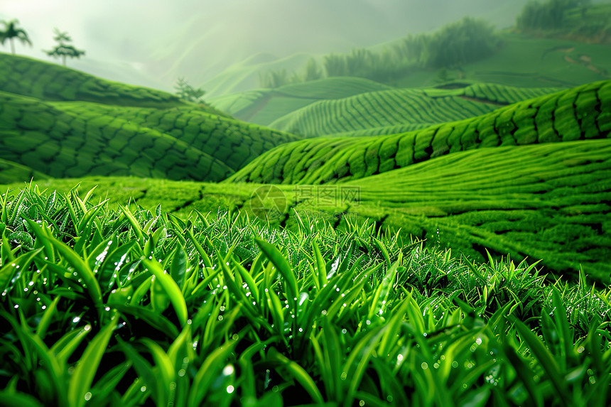山脉中的绿色茶树图片