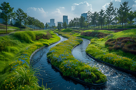 绿化带工厂旁翠绿的河道背景