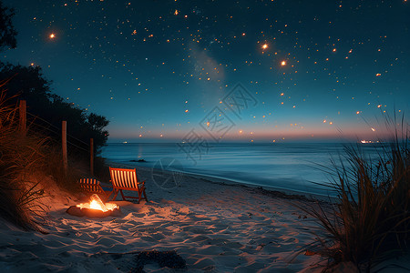 求婚派对夜幕下的沙滩篝火派对插画