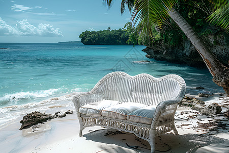 桃红色双人沙发沙滩上的白色藤编双人座椅背景