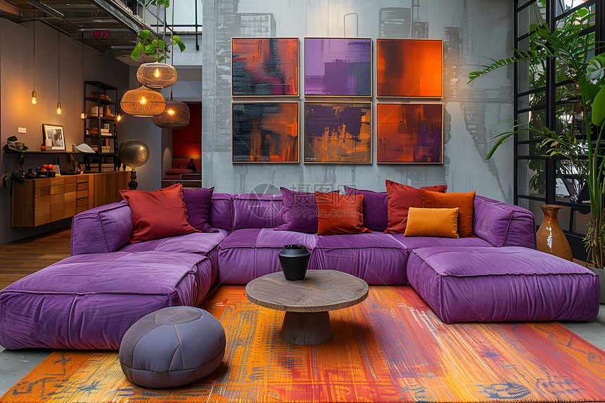多彩客厅里的紫色沙发图片