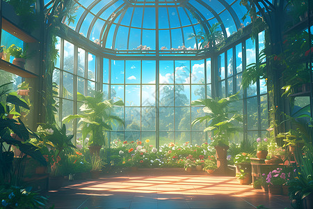 温室花园玻璃温室的植物插画